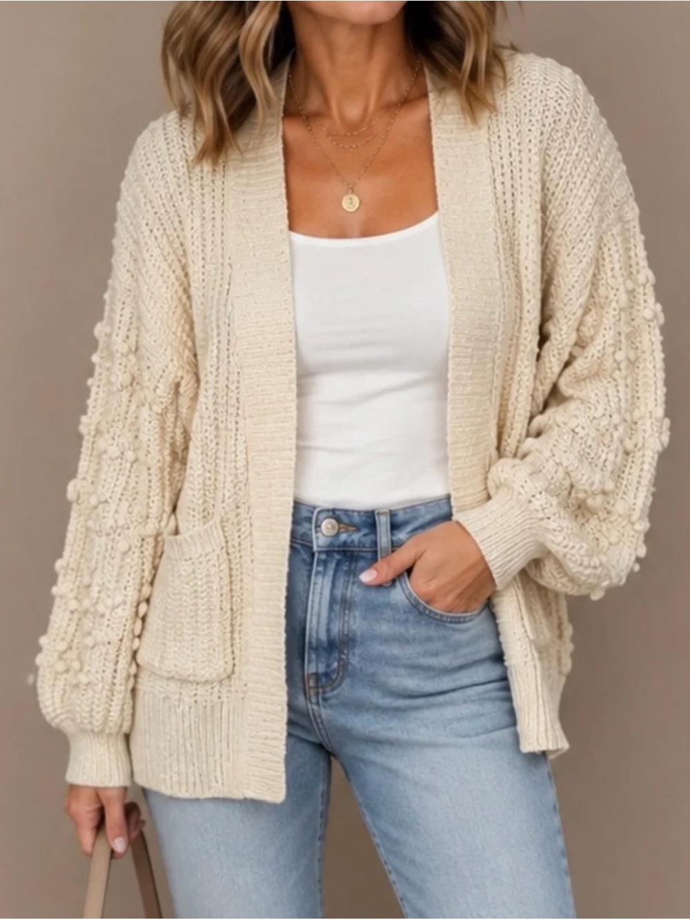 Madewell Cream Bobble Sleeve Open-Front Cardigan